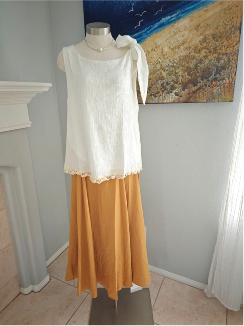 Women's White Tank Top with Shell Trim